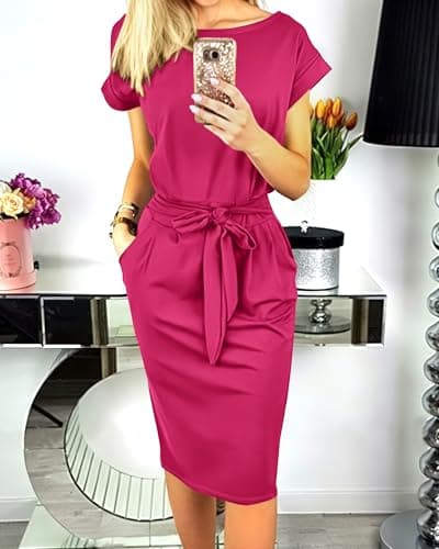 PRETTYGARDEN Women's Summer Short Sleeve Crewneck Striped Dress Basic Solid Tie Waist Office T Shirt Dresses Pockets(Rose Red,Large) - Thumbnail 2