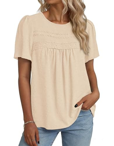 NORACORA Womens Summer Tops Crewneck Short Sleeve Shirts Casual Chiffon Boho Babydoll Blouses Flowy Lace Hem Apricot Clothing Trendy 2026 Apricot XXL - Thumbnail 2