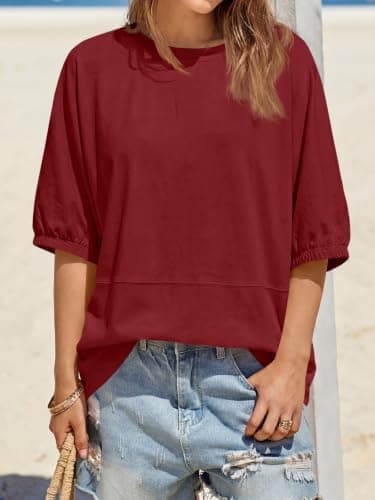 Tankaneo Oversized Tshirts for Women Summer Half Sleeve Tops Casual Crewneck Baggy Tunic Loose Fit Basic Tees Spring Clothes Wine Red - Thumbnail 4