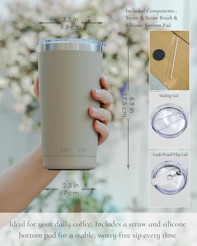 UIRZOTN Travel Coffee Tumbler 20oz, Leakproof Travel Coffee Mug with Dual Lids and Straw, Stainless Steel Double Wall Vacuum Insulated Tumbler for Hot/Iced Drinks (Brown, Textured Matte) - Thumbnail 2