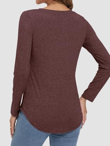 ATHMILE Womens 2026 Fall Long Sleeve Shirts Basic Apparel Shirts Trendy V Neck Tshirt for Women Curved Hem Tops Z-Wine Red - Thumbnail 5