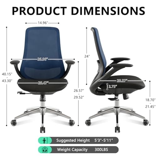 BERYTH Ergonomic Office Chair, High Back Mesh Desk Chair with Lumbar Support, 360° Swivel & Slide-Adjustable Arms, Tilt Lock and Recline, Breathable Task Chair for Home Office & Gaming (Blue) - Thumbnail 3