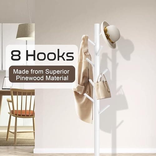 Aliphon Wooden Coat Rack Stand, Freestanding Coat Rack with 8 Hooks, 3 Adjustable Size Coat Tree for Hats, Coats, Scarves bags, Coat Hanger Stand Used in Bedroom/Office/Entryway （White） - Thumbnail 2
