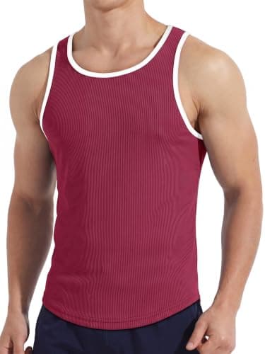 Crastimo Men's Ribbed Racerback Tank Top Stretchy Color Block Trim Slim Fit Sleeveless Shirt Workout Red XL - Image 1