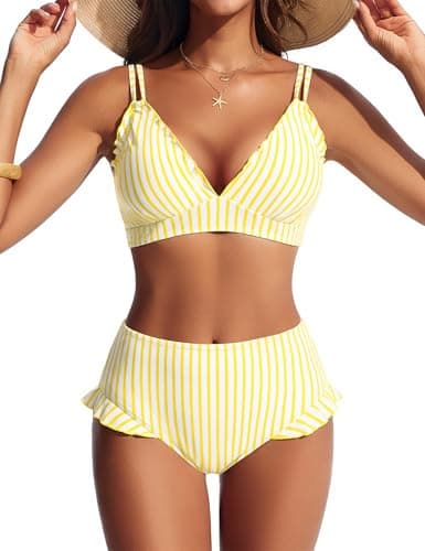 Hanna Nikole Women Bikini Sets High Waisted 2 Piece Bathing Suit Flattering Sexy Vacation Bikinis with Ruffle Bottom Yellow White Striped S - Image 1