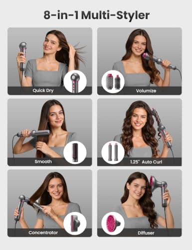 O.H.B 7 in 1 Hair Styler & High Speed Dryer Brush, 110,000RPM Blow Dryer Brush, Ionic Air Styler with Fast Drying, No Heat Damage Air Multi Styler for Volumize, Curl, Straighten, Travel Case, Gray - Thumbnail 3