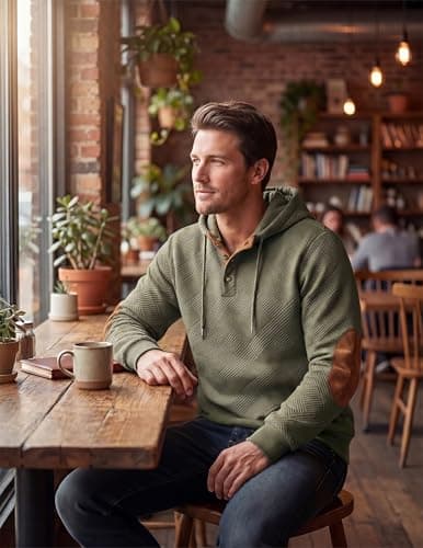 JMIERR Mens Fashion Hoodies Casual Cotton Long Sleeve Half Button Pullover Hooded Sweatshirts for men Oversized Hoodie, 2XL, Jungle Green - Thumbnail 4