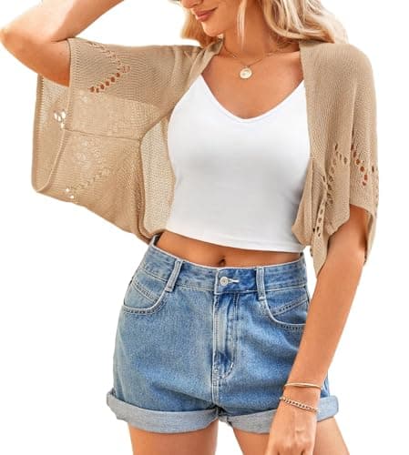 BB&KK Women Summer Crochet Shrug Sweaters Hollow-Out Batwing Short Sleeve Knit Tops Lightweight Bolero Cardigans Khaki M - Image 1
