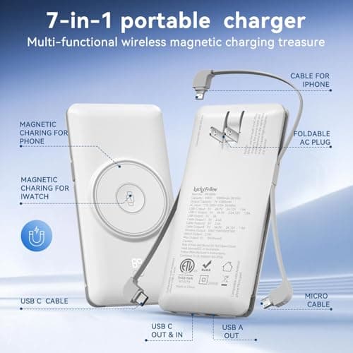 Magnetic 10000mAh Portable Charger for iWatch & iPhone, 22.5W USB C Fast Charging Wireless Power Bank Built-in Cables and Wall Plug, External Travel Battery Pack Compatible with iOS Android Devices - Thumbnail 3