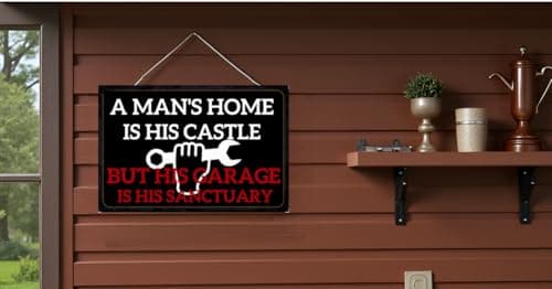 Carastora Men's Vintage Garage Decor, Funny Metal Tin Sign, Quote "A man's home is his castle, his garage his sanctuary", Rustic Style Den Home Bar Accessory, 12x8 Inch - Thumbnail 2