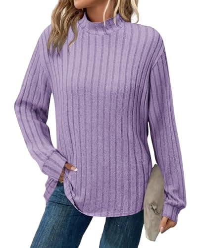 WNEEDU Fall Lightweight Pullover Shirts Women's Long Sleeve Mock Neck Tunic Tops - Comfortable Workwear for Women(Light Purple,M) - Image 1