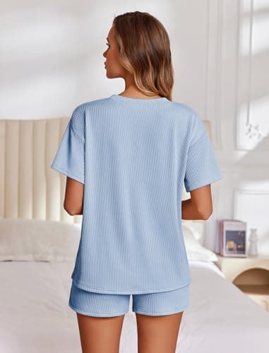 Ekouaer Womens Pajama Sets Short Sleeve Lounge Sets 2 Piece Tops and Shorts Cruise Outfits Matching Loungewear with Pockets Sky Blue - Thumbnail 4