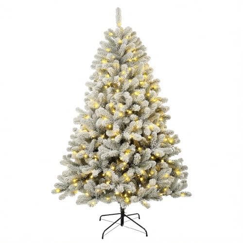 Aovotreena 6ft Pre-Lit Snow Flocked Christmas Tree with 300 Warm White Lights, 840 Full PVC Branch Tips, Hinged Quick-Assembly Design, Lush Artificial Xmas Tree for Winter Holiday Décor