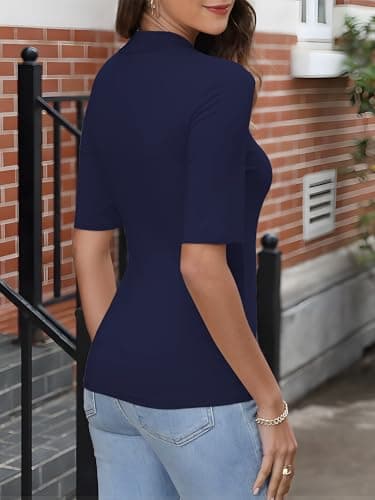 ANRABESS Women Tops Mock Neck 1/2 Short Sleeve Slim Fit Basic Tee Shirts Dressy Work Business 2026 Summer Fall Casual Outfits Navy Blue Medium - Thumbnail 5
