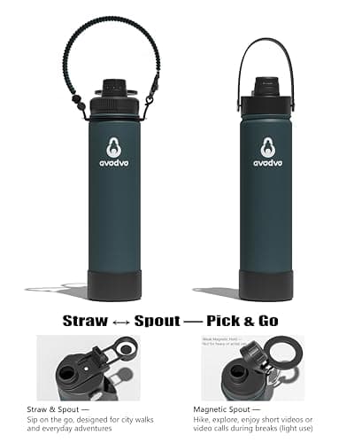 avodvo 24 oz Insulated Water Bottle with 2 Lids (2-in-1 Straw & Spout Lid, Magnetic Lid), Slim Water Bottle with Strap, Stainless Steel Water Bottle for Hiking, Gym, Travel, BPA-Free, Indigo/Black - Thumbnail 4