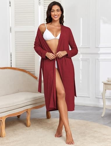 ZAFUL Women's Robe Soft Lightweight Long Knit Kimono Bathrobe V-neck Casual Sleepwear Loungewear - Thumbnail 4