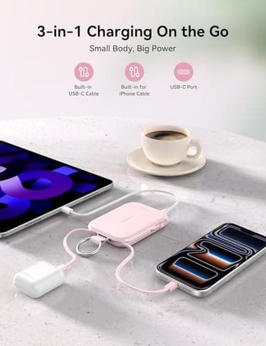 RORRY Portable Charger, 5000mAh Portable Charger Power Bank with Built-in Cables, Travel Keychain Charger Battery Pack for iPhone 17/16/15/14/13/12, for AirPods 2/3/4/Pro, Black - Thumbnail 4