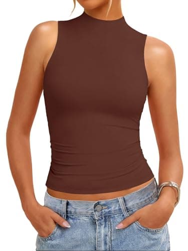 GKBK Womens Double Lined Tank Tops Mock Turtleneck Slim Fitted Layering Tops High Neck Dressy Casual Sleeveless Shirts Brown - Image 1