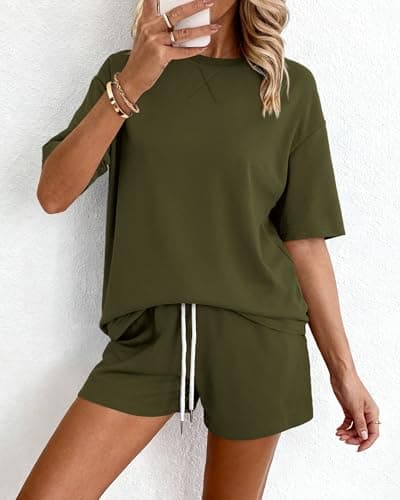 Zenlonr Women's Two Piece Lounge Sets 2026 Summer Casual Oversized Shirts Shorts Matching Airport Travel Outfit(Army Green,Large) - Thumbnail 2