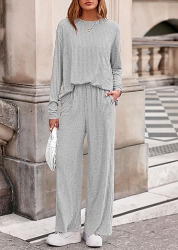 KIRUNDO Spring 2 Piece Lounge Sets for Women Long Sleeve Ribbed Knit Tops Wide Leg Pants Matching Travel Outfits Postpartum(Light Grey, Medium) - Thumbnail 6