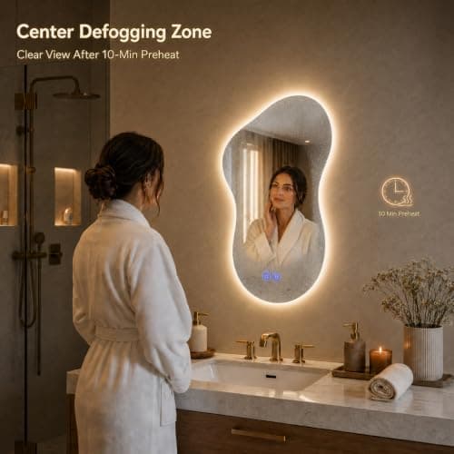 Irregular Led Bathroom Mirror with Lights 20x32 Inch, Backlit Asymmetrical Led Bathroom Mirror for Wall, Lighted Vanity Mirror with Lights, Anti-Fog, Dimmable 3 Colors, Shatter-Resistant - Thumbnail 3