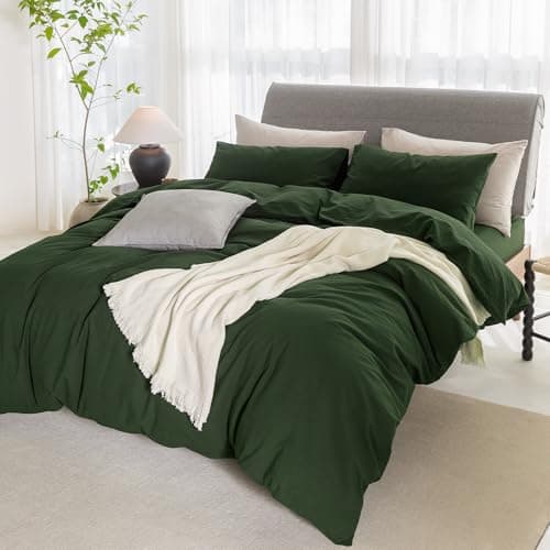 ELIMMO Cooling Duvet Cover Set 3 Pieces-100% Washed Cotton Linen Like Textured Ultra Soft Cozy Bedding with Zipper Closure,Includes 1 Duvet Cover & 2 Pillow Shams(Forest Green,Oversized King 120"x98") - Thumbnail 3
