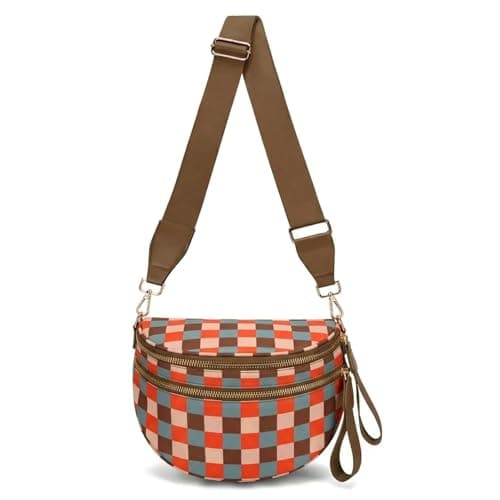 WOOMADA Checkered Crossbody Bag Bum Bag for Women, Spacious Nylon Fanny with Removable Wallets(Sunset Checkerboard) - Image 1