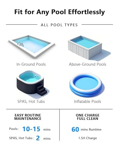 Cordless Handheld Pool Vacuum with Telescopic Pole, Rechargeable Hot Tub SPA Vacuum, Rectangular Brush, Powerful Suction, 60Min Runtime, Pools up to 88", Portable Pool Cleaner w/2 Filter Bags - Thumbnail 4