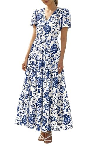 BTFBM Womens Summer Dresses 2026 V Neck Hollow Out Eyelet A Line Flowy Boho Beach Vacation Wedding Guest Maxi Dress(Floral White Dark Blue, Medium) - Image 1