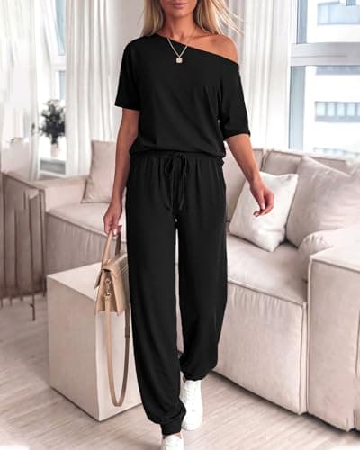Zenlonr Women Summer 2 Piece Outfits 2026 Off Shoulder Short Sleeve Tops Elastic Waist Drawstring Long Pants Tracksuit(Black,X-Large) - Thumbnail 5