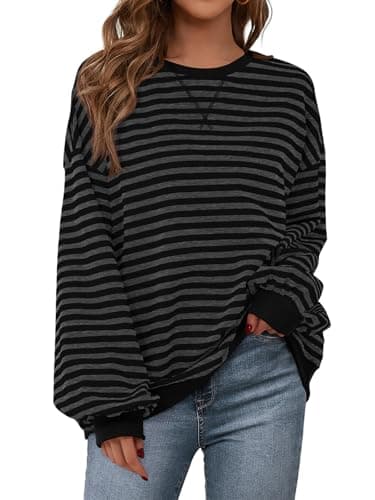 PRETTYGARDEN Women Classic Striped Oversized Crewneck People Dupes Color Block Long Sleeve Casual Sweatshirt Loose Pullover (Black Dark Grey, X-Small) - Image 1