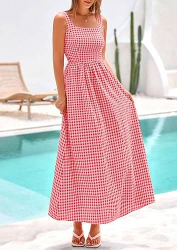 PRETTYGARDEN Women's 2026 Summer Spaghetti Strap Maxi Dresses Plaid Square Neck A Line Casual Beach Vacation Long Sundress (Brilliant Red,Large) - Thumbnail 6