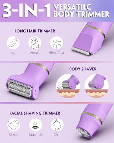 Bikini Trimmer for Women, Tiovara Painless Electric Razors Shaver IPX7 Waterproof Cordless Body Hair Trimmer Pubic Hair Removal with USB Charge Dock for Underarm Leg Arm Body Face Silk Skin (Purple) - Thumbnail 2