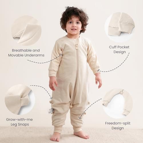kaiya baby Unisex Toddler Sleep Sack with Feet 1.0 Tog Split Legs Sleep Sack 6-18 Months, Sleep Bag Walker, Gifts for Boys & Girls, Cream - Thumbnail 6