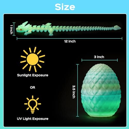 FESTIVALCOS Colorful Articulated 3D Print Dragon Egg - 12 Inch Movable Dragon Toy for Boys | Prefilled Easter Eggs & Fantasy Animal Model | Decorative Gift (Glow-in-the-Dark) - Thumbnail 3
