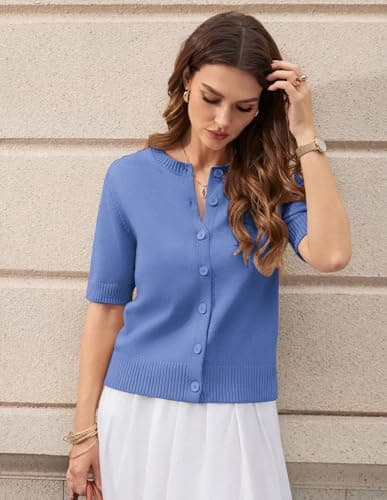 GRACE KARIN Women's Blue Short Sleeve Cardigan, Plus Size Summer Lightweight Cardigans, Basic Button Down Ribbed Sweater - Thumbnail 3