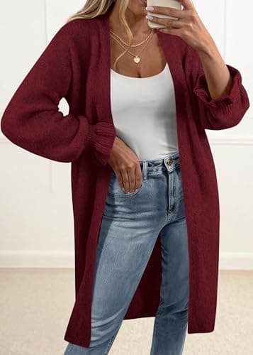 KIRUNDO Long Cardigan Sweaters for Women 2026 Spring Casual Oversized Ruffle Long Sleeve Open Front Chunky Knit Sweater Coats(Burgundy, X-Large) - Thumbnail 4