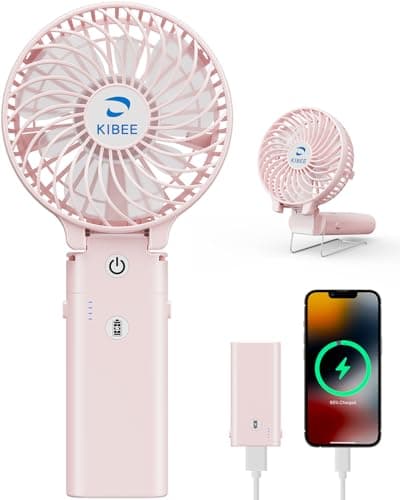 KIBEE Portable Handheld Fan - 5200mAh USB Rechargeable [20H Max Runtime], Foldable 180° Mini Personal Fan, 3-Speed with Stand for Travel/Outdoor/Makeup/Concerts (Pink) - Image 1