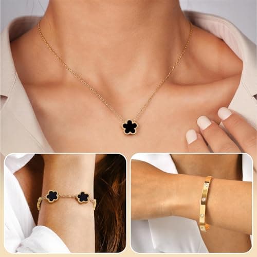 Gold Bracelets Necklace Jewelry Set - 3Pcs 18K Gold Plated Floral Bracelet,Stainless Steel Bangles, Waterproof Non-Tarnish Necklaces Daily Fashion Minimalist Jewelry,Valentines Birthday Gift for Women - Thumbnail 3