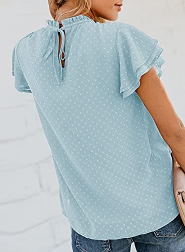 Dokotoo Women's Cute 2026 Summer Lace Crew Neck Flowy Ruffle Short Sleeve Shirts for Women Pom Pom Dot Blouses Solid Casual Loose Back Self Tie T Shirts Tops Sky Blue M - Thumbnail 2