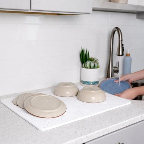 KALHOOF Diatomite Stone Bath Mat for Bathroom or Kitchen Water Absorbing, Quick-Drying, Non-Slip, Eco-Friendly, Stylish Large Dish Dry Solution Made with Absorbent Diatomaceous Earth Rock (White) - Thumbnail 2