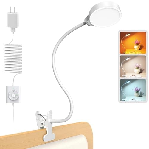 Glocusent 5W 36 LED Reading Clip on Light for Bed, Eye Caring Bed Lamp, 3 Colors & 5 Brightness Levels for Headboard with Adapter, Perfect for Reading, Working & Studying (White)