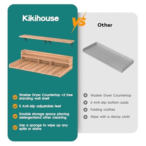 Kikihouse Washer Dryer Countertop, Laundry Counter Top Over Machines, Washer Dryer Topper for Storage, 2 Tier Wood Shelf Topper with Storage Space for Small Apartment (Wood, 53.9 * 27.5 * 12) - Thumbnail 4