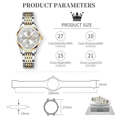 OLEVS Womens Watches Silver Gold Ladies Watches for Women Fashion Small Wrist Two Tone Female Watch with Date Elegant Stainless Steel Waterproof Diamond Dress Analog Quartz Bracelet Reloj para Mujer - Thumbnail 6