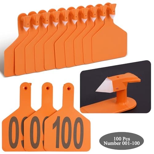 Cattle Ear Tags with 001-100 Numbers Large 1-Piece Z Livestock Ear Tags for Cow Goat Sheep Pig Calves Dog,Animal ID Identification Tag 4.4"x 3",Orange - Thumbnail 3