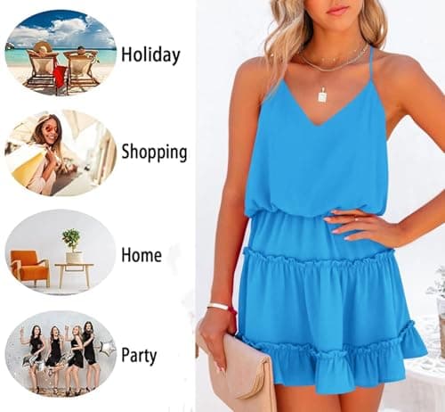 Newffr Womens V Neck Summer Dress Sleeveless Mini Dress Ruffle Dress Spaghetti Strap Racerback Sun Flowy Dress Sky Blue - Thumbnail 4