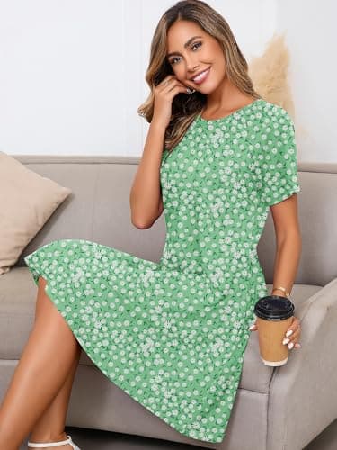 Heymoments Women's Short Sleeve Dress Floral Print Large Crewneck Casual Loose Flowy Below Knee Length Sundress Business A Line Shirt Teachers Summer Novelty Boho Dresses with Pockets - Thumbnail 2