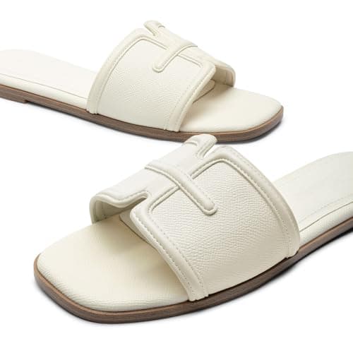 Athlefit Flat Sandals for Women Dressy Square Open Toe Comfortable Slip On Summer Beach Casual Slide Sandals Ivory Size 8.5 - Thumbnail 6