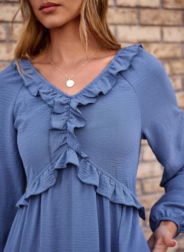 Dokotoo Dresses for Women Spring Outfits 2026 Blue Dress Plus Size Dresses for Teachers Wedding Guest Dress Casual V Neck Long Sleeve Women Clothing Summer Maxi Dress Blue - Thumbnail 6