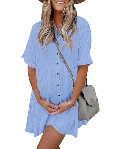 AUSELILY Women's Summer Babydoll Dress Casual Short Sleeve Sundress Button Down Dresses with Pockets Blue M - Image 1